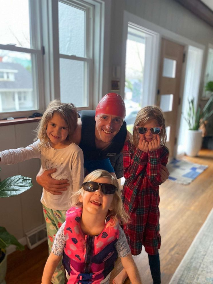 PHOTO: Matt Nestheide dressed as a "wake boarder," poses with children, Cole, Sydney, and Mila.