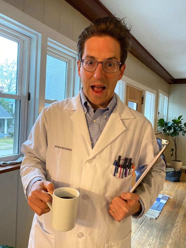 PHOTO: Matt Nestheide dressed as a scientist and ready for an at-home science experiment with children, Cole, Sydney, and Mila.