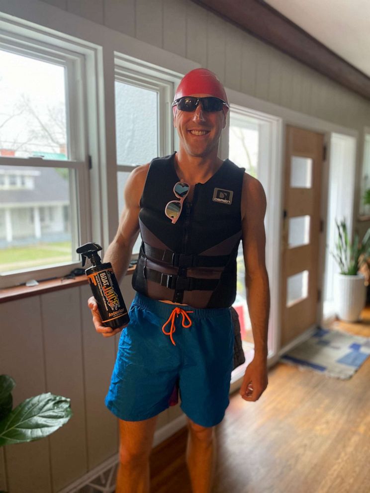 PHOTO: Matt Nestheide dressed as a wake boarder and ready to take his kids on an at-home "boat ride" made of pillows.