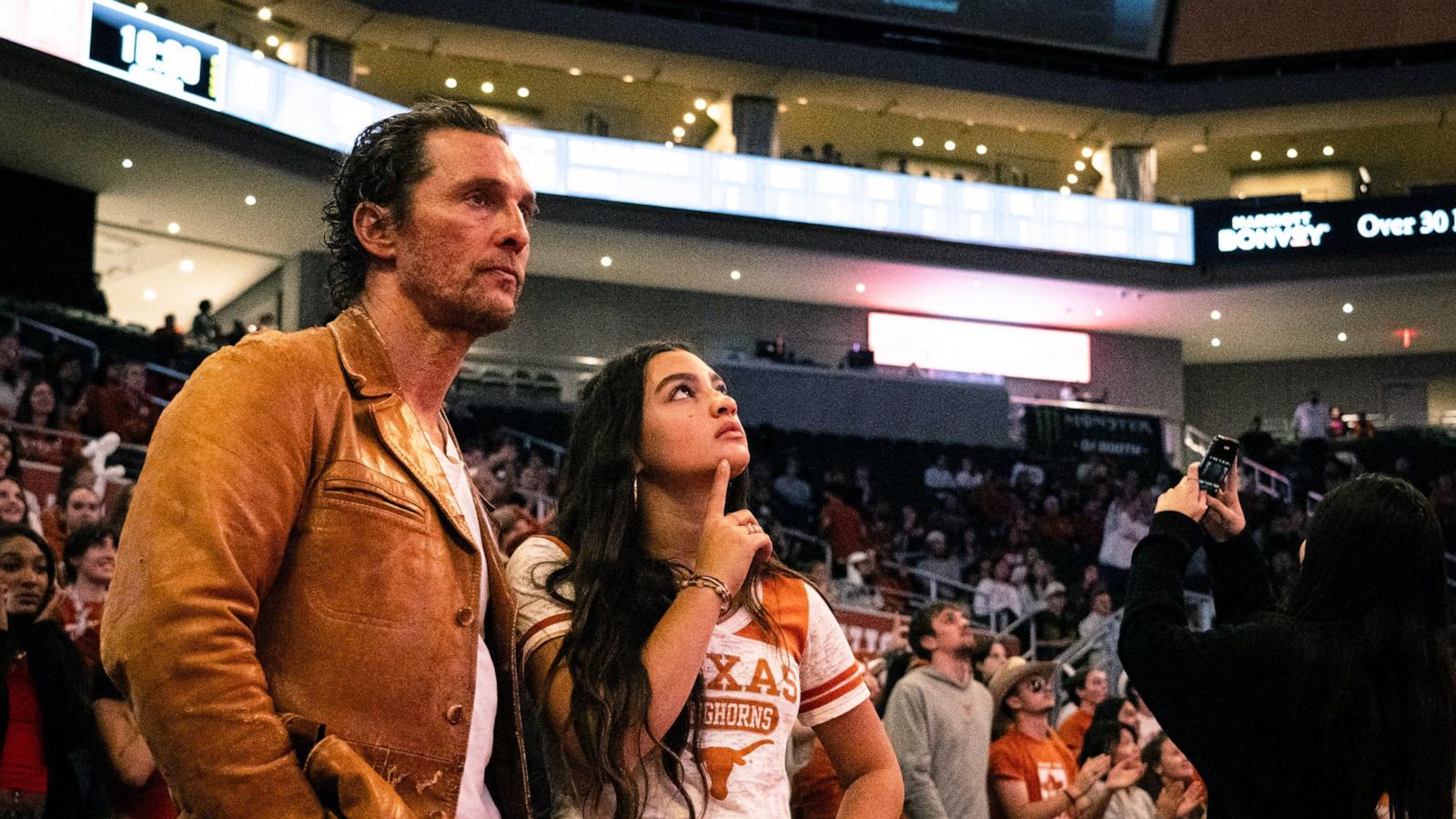 PHOTO: Actor Matthew McConaughey watches the second half with his daughter, Vida, as the Texas Longhorns take on the Tennessee Lady Vols in the Moody Center, in Austin, Texas, on Jan. 23, 2025.