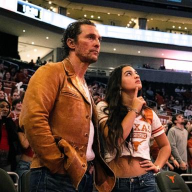 PHOTO: Actor Matthew McConaughey watches the second half with his daughter, Vida, as the Texas Longhorns take on the Tennessee Lady Vols in the Moody Center, in Austin, Texas, on Jan. 23, 2025.