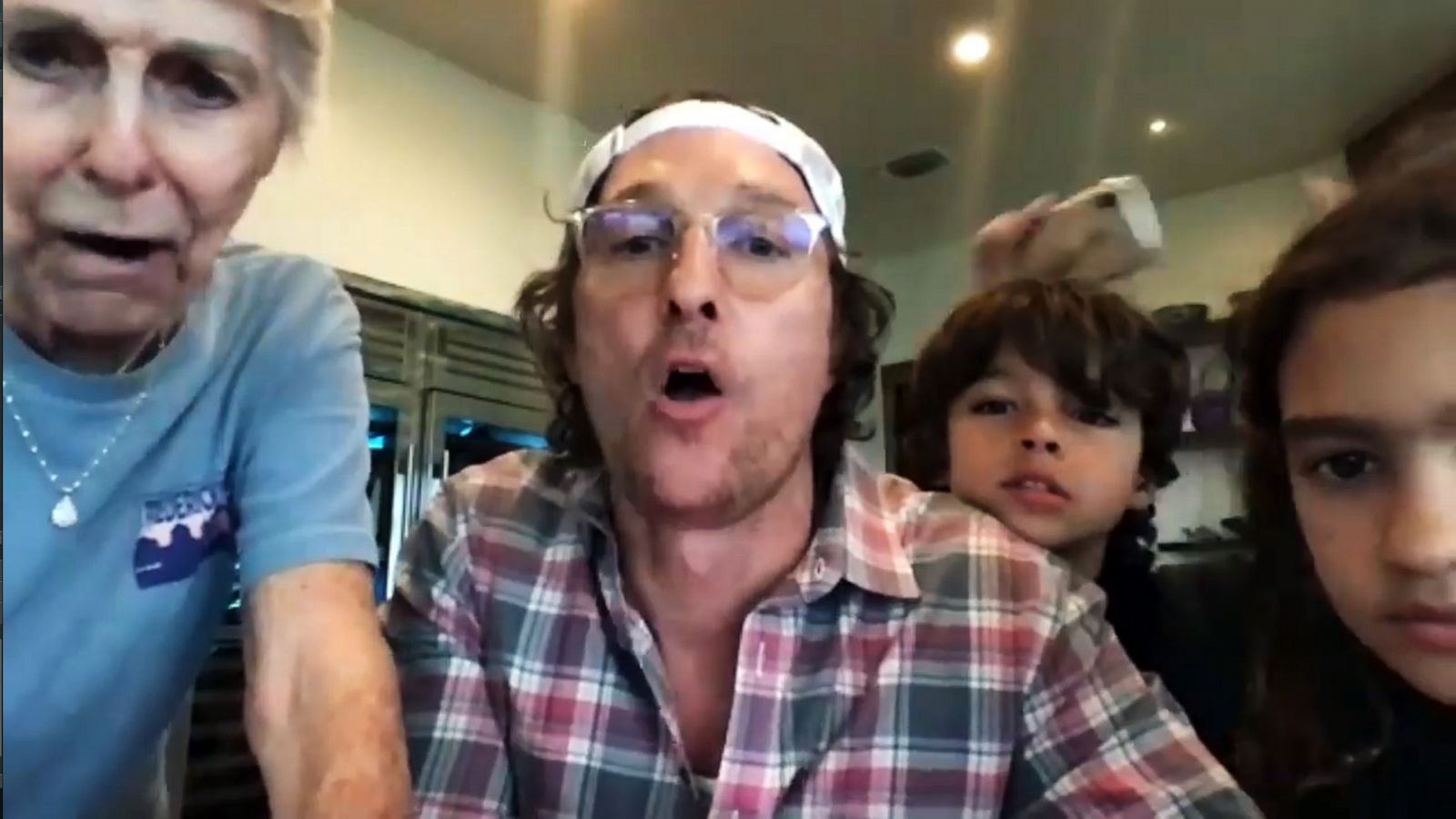 PHOTO: Matthew McConaughey and members of his family participate in a game of virtual bingo with residents of The Enclave at Round Rock Senior Living in Round Rock, Texas, in a video posted to the facility's Facebook page on April 5, 2020.