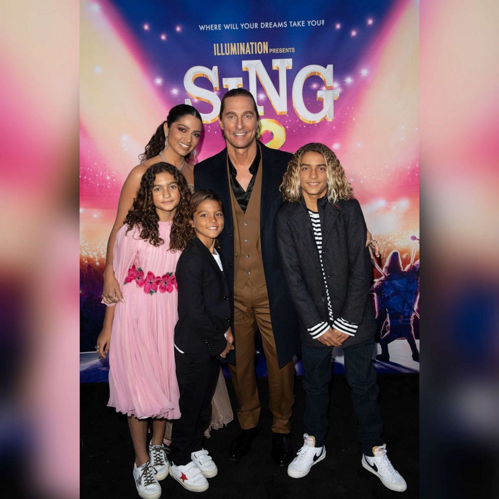 PHOTO: Vida McConaughey, Camila Alves and Matthew McConaughey, Livingston McConaughey and Levi McConaughey attend the premiere of "Sing 2," at the Greek Theater in Los Angeles, Dec. 12, 2021.