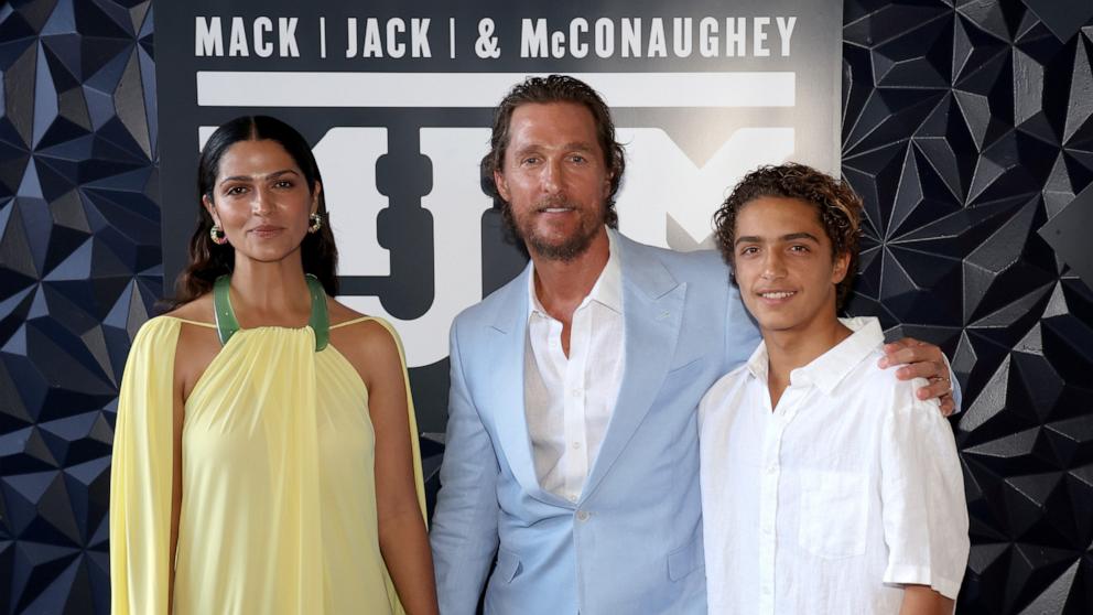 PHOTO: Camila Alves McConaughey, Matthew McConaughey and Levi Alves McConaughey attend the 2023 Mack, Jack & McConaughey Gala at ACL Live on April 27, 2023 in Austin, Texas.