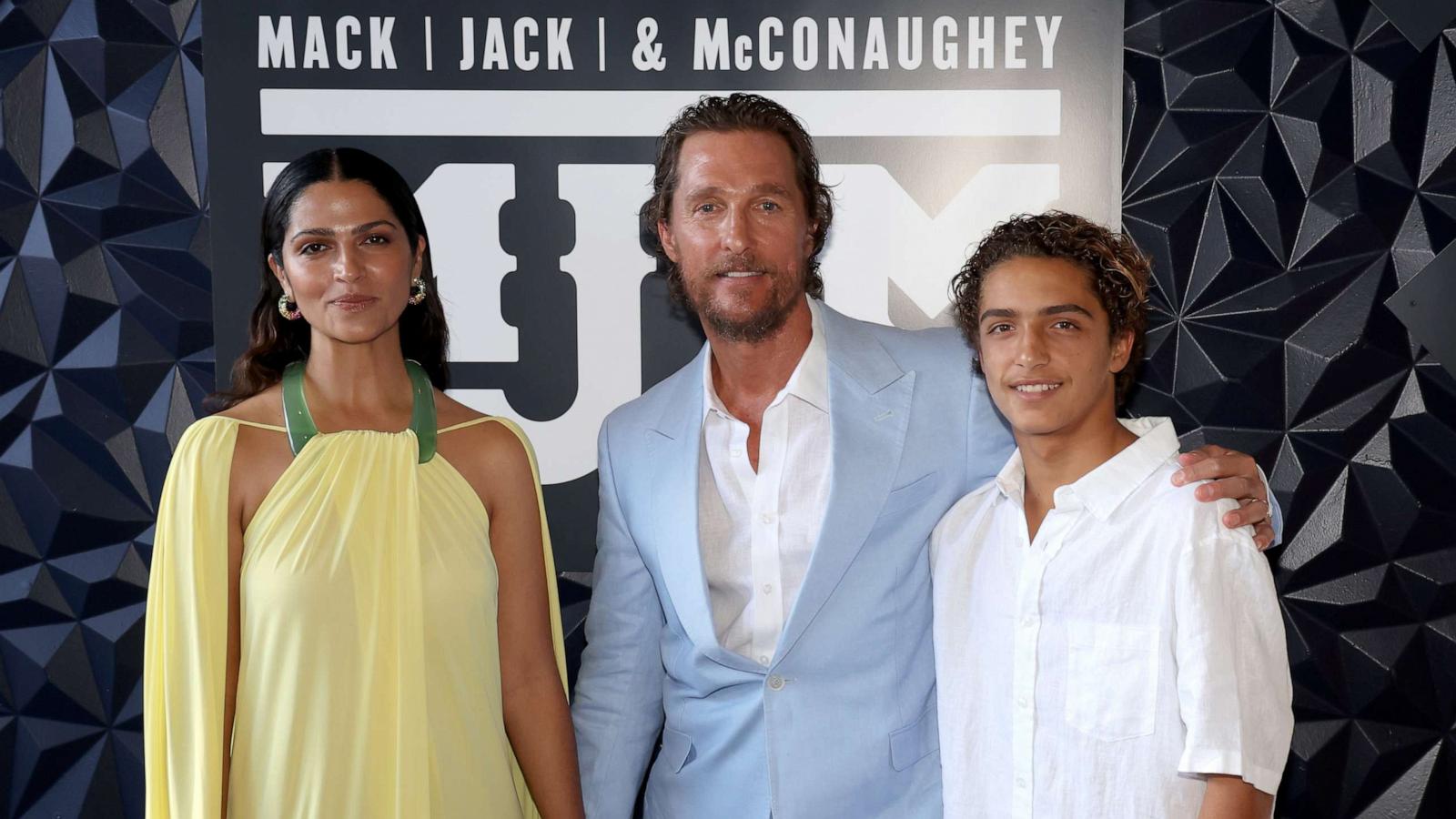 PHOTO: (L - R) Camila Alves McConaughey, Matthew McConaughey and Levi Alves McConaughey attend the 2023 Mack, Jack & McConaughey Gala at ACL Live on April 27, 2023 in Austin, Texas.