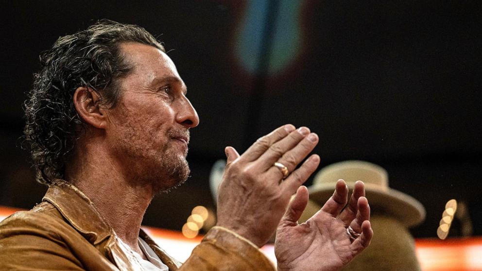 PHOTO: Actor Matthew McConaughey claps for the Longhorns in the second half as the Texas Longhorns take on the Tennessee Lady Vols in the Moody Center, in Austin, Texas, on Jan. 23, 2025.