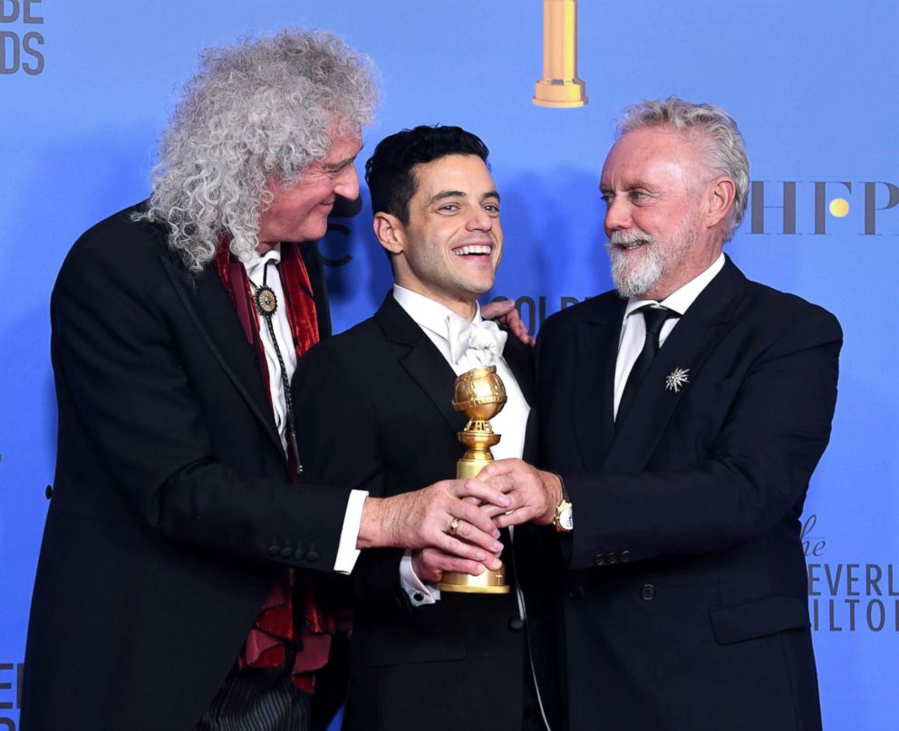 PHOTO: Rami Malek, center, celebrates his win for Best Actor for 'Bohemian Rhapsody' posing with Brian May and Roger Taylor, right, of Queen in the press room during the 76th Annual Golden Globe Awards, Jan. 6, 2019 in Beverly Hills, Calif.