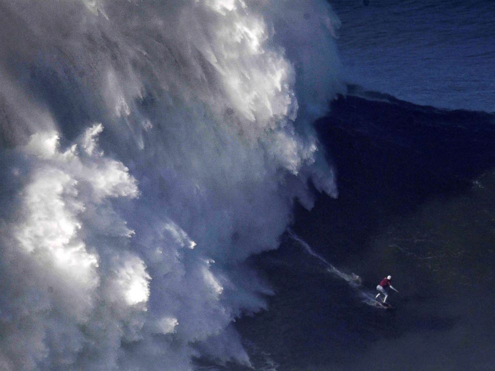 PHOTO: Brazilian big wave surfer Maya Gabeira rides a wave during a surf session off Praia do Norte in Nazare, Portugal, Jan. 18, 2018.