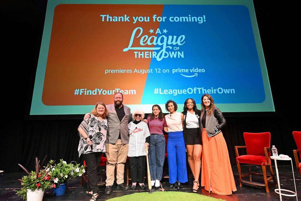 PHOTO: In this July 2, 2022, file photo, Megan Cavanagh, Will Graham, Maybelle Blair, Abbi Jacobson, Desta Tedros Reff, Chante Adams, and D'Arcy Carden appear at Prime Video's "A League Of Their Own" Special Screening in Rockford, Ill.