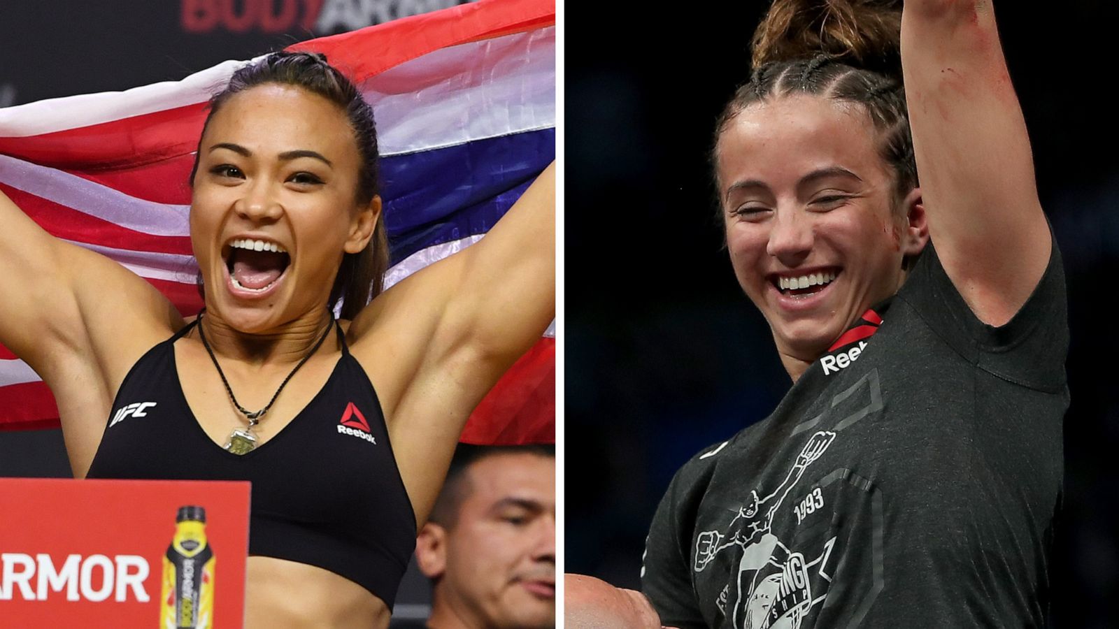 PHOTO: Michelle Waterson weighs in for a match in Las Vegas, Oct. 5, 2018, and Maycee Barber celebrates a win in Denver on Nov. 10, 2018.