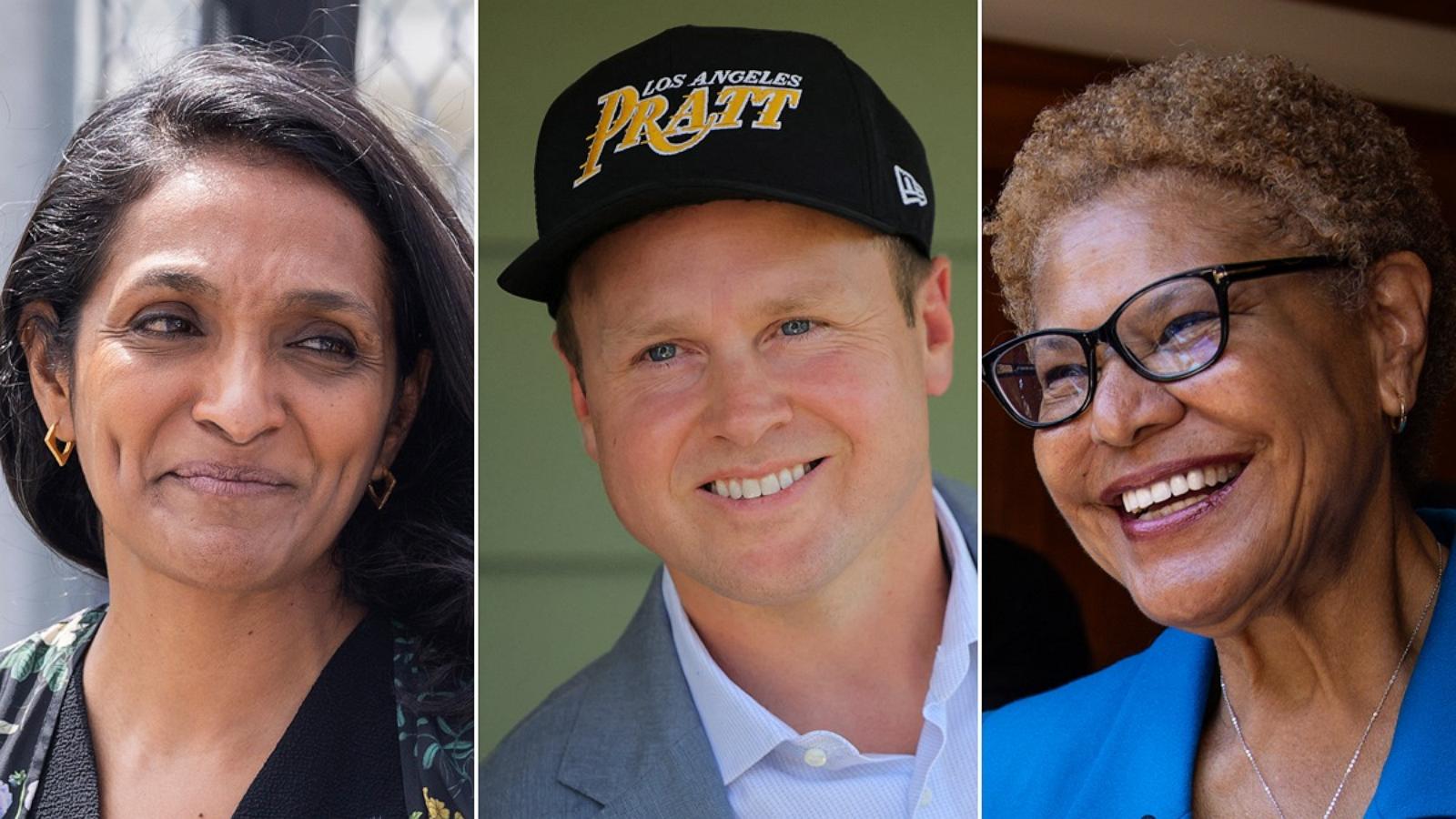 PHOTO: Los Angeles City Council member and mayoral candidate Nithya Raman in Los Angeles, May 16, 2026. Spencer Pratt campaigns for mayor in Los Angeles, May 31, 2026. Los Angeles Mayor Karen Bass speaks to supporters, May 31, 2026, in Venice, Calif.