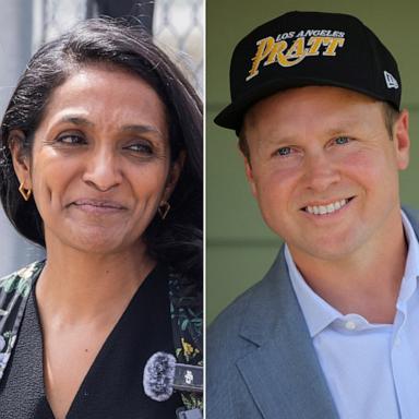 PHOTO: Los Angeles City Council member and mayoral candidate Nithya Raman in Los Angeles, May 16, 2026. Spencer Pratt campaigns for mayor in Los Angeles, May 31, 2026. Los Angeles Mayor Karen Bass speaks to supporters, May 31, 2026, in Venice, Calif. 