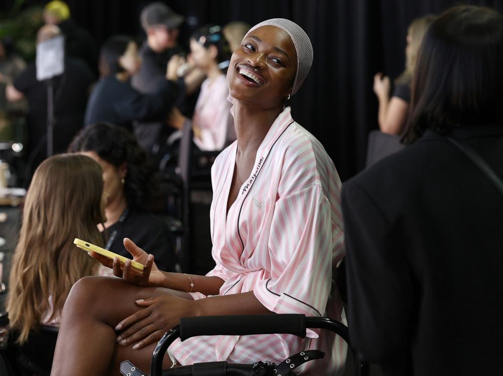 PHOTO: Mayowa Nicholas prepares backstage at the Victoria's Secret Fashion Show 2024 on Oct. 15, 2024, in New York.