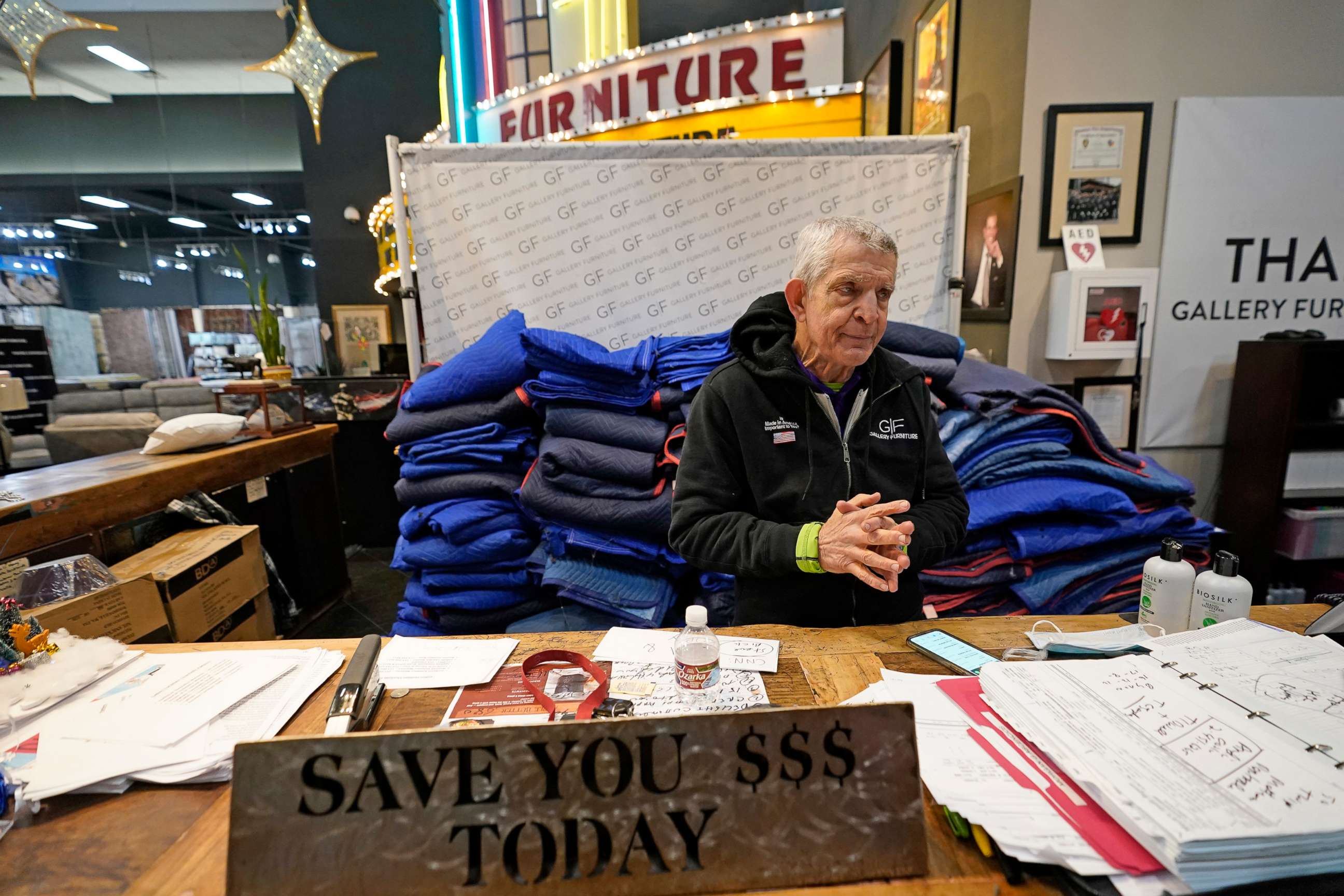 PHOTO: Owner Jim McIngvale talks about opening his Gallery Furniture store as a shelter, Feb. 17, 2021, in Houston. Millions in Texas still had no power after a historic snowfall and single-digit temperatures causing widespread blackouts.