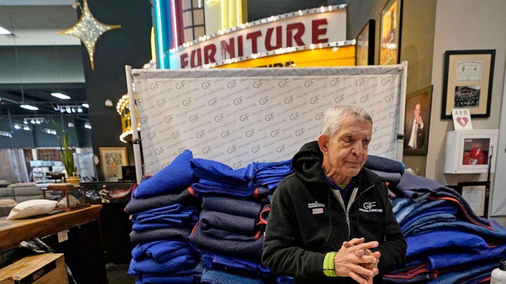 PHOTO: Owner Jim McIngvale talks about opening his Gallery Furniture store as a shelter, Feb. 17, 2021, in Houston. Millions in Texas still had no power after a historic snowfall and single-digit temperatures causing widespread blackouts.