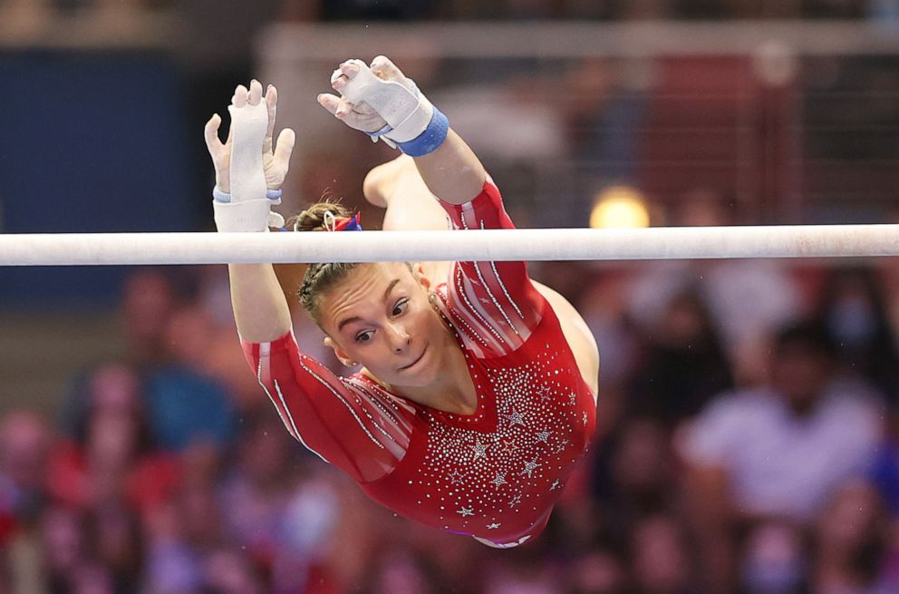 PHOTO: Grace McCallum competes on the uneven bars during the Women's competition of the 2021 U.S. Gymnastics Olympic Trials at America's Center on June 27, 2021, in St Louis, Missouri.
