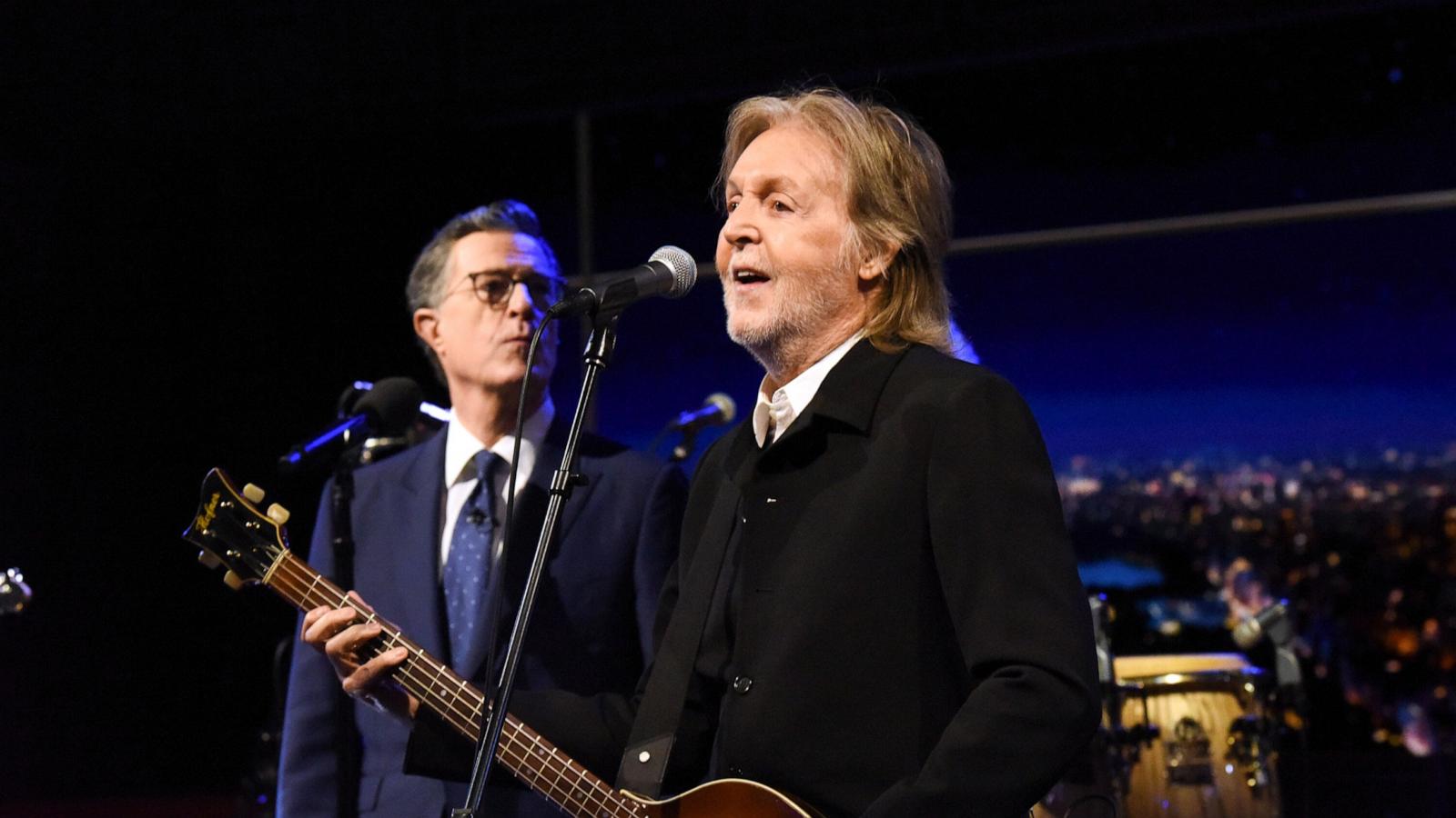 PHOTO: This image released by CBS shows Paul McCartney with host Stephen Colbert during the final episode of "The Late Show with Stephen Colbert" in New York, on May 21, 2026.