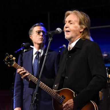 PHOTO: This image released by CBS shows Paul McCartney with host Stephen Colbert during the final episode of "The Late Show with Stephen Colbert" in New York, on May 21, 2026. 