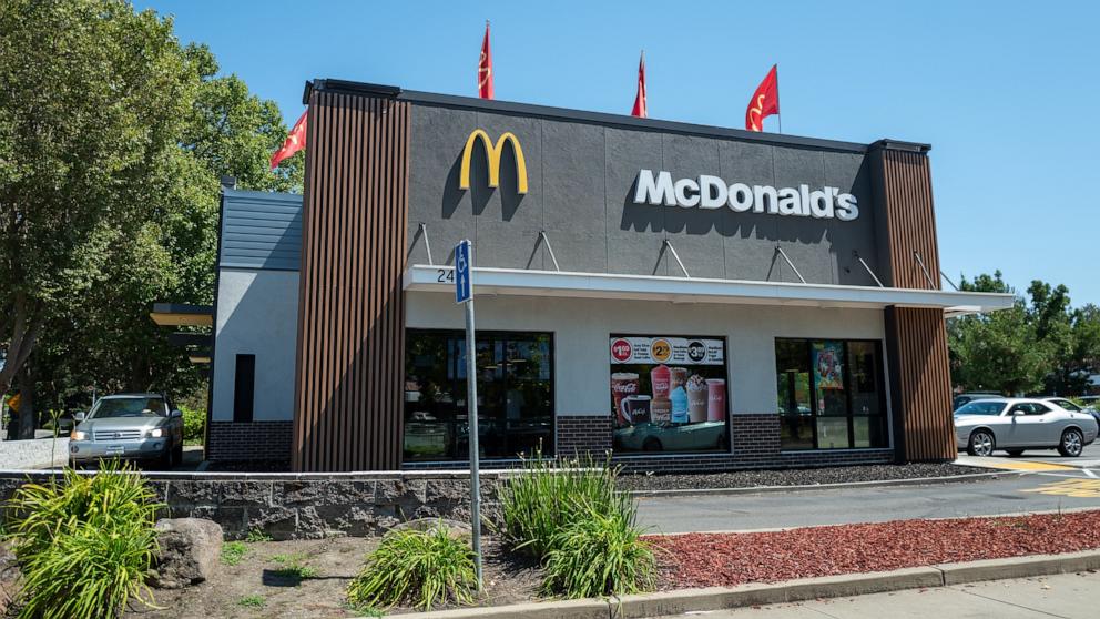 PHOTO: Facade of McDonald's restaurant with logo and drive thru visible, San Ramon, California, August 3, 2024.