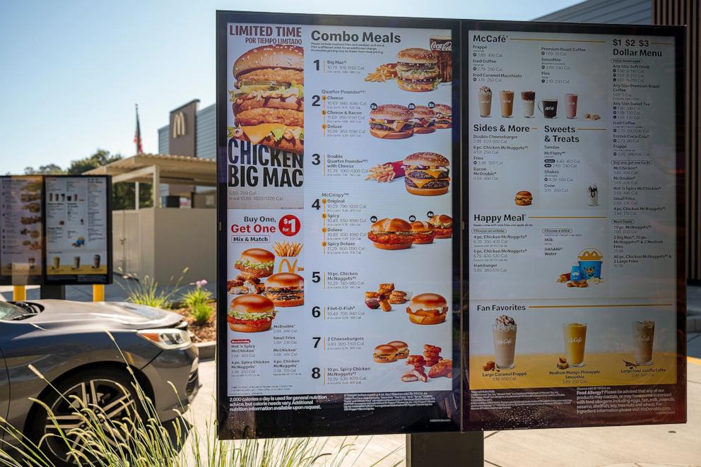 PHOTO: A drive-thru menu outside a McDonald's restaurant in Hercules, California, Oct. 23, 2024.