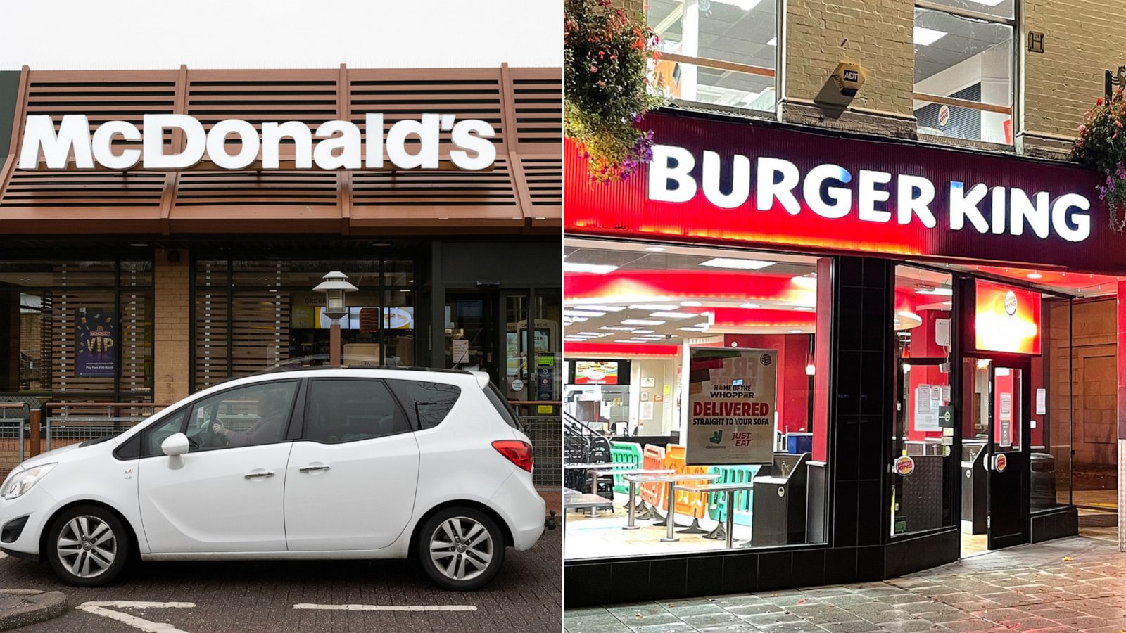 PHOTO: In this March 18, 2020, file photo, a McDonald’s restaurant is shown in Cardiff, Wales. | A Burger King restaurant sits empty on Oct. 24, 2020, in Cardiff, Wales.