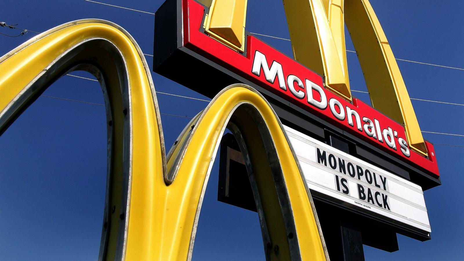 PHOTO: In this Oct. 5, 2005, file photo, a sign for the new Monopoly game is seen outside a McDonald's restaurant in Niles, Illinois.