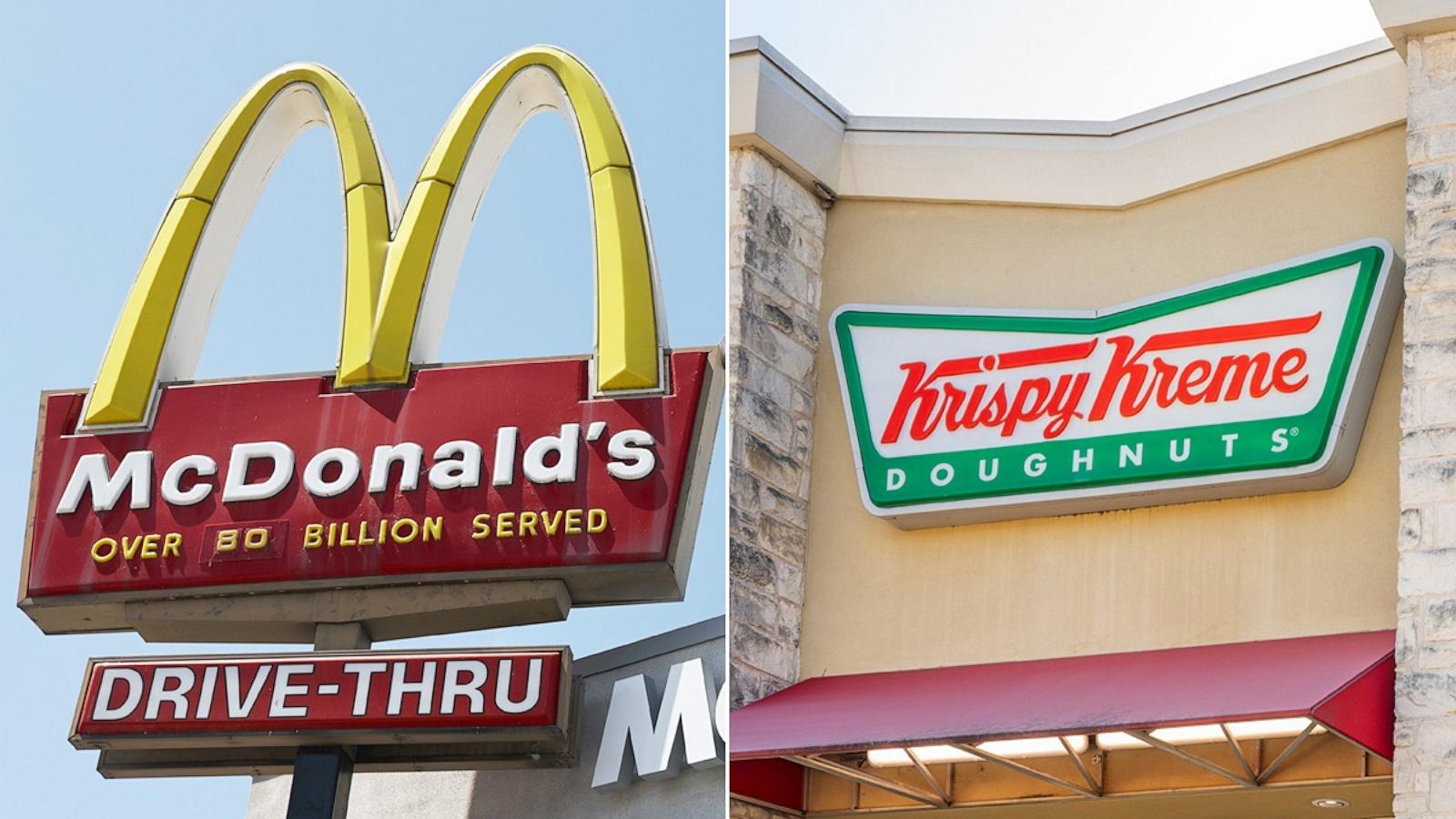 PHOTO: The McDonald's logo is displayed at a McDonald's restaurant, July 22, 2024, in Burbank, Calif. A Krispy Kreme store, Feb. 13, 2024, in Austin, Texas