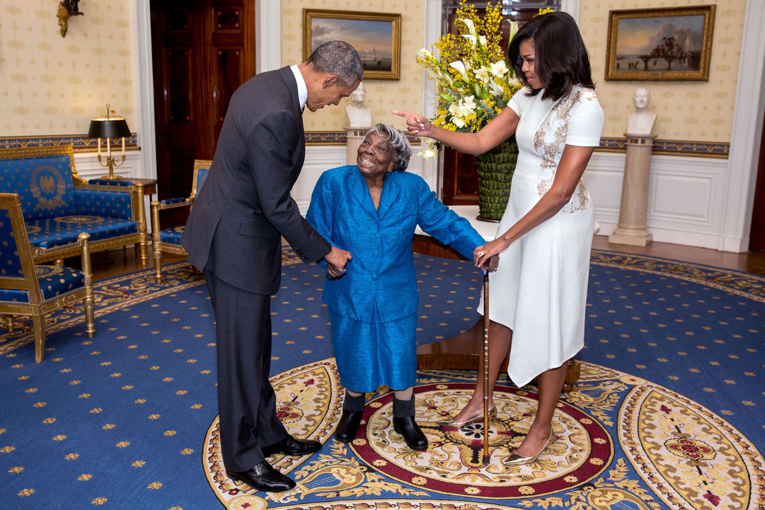 PHOTO: President Barack Obama and First Lady Michelle Obama greet Virginia McLaurin in the Blue Room of the White House prior to a reception celebrating African American History Month, Feb. 18, 2016.