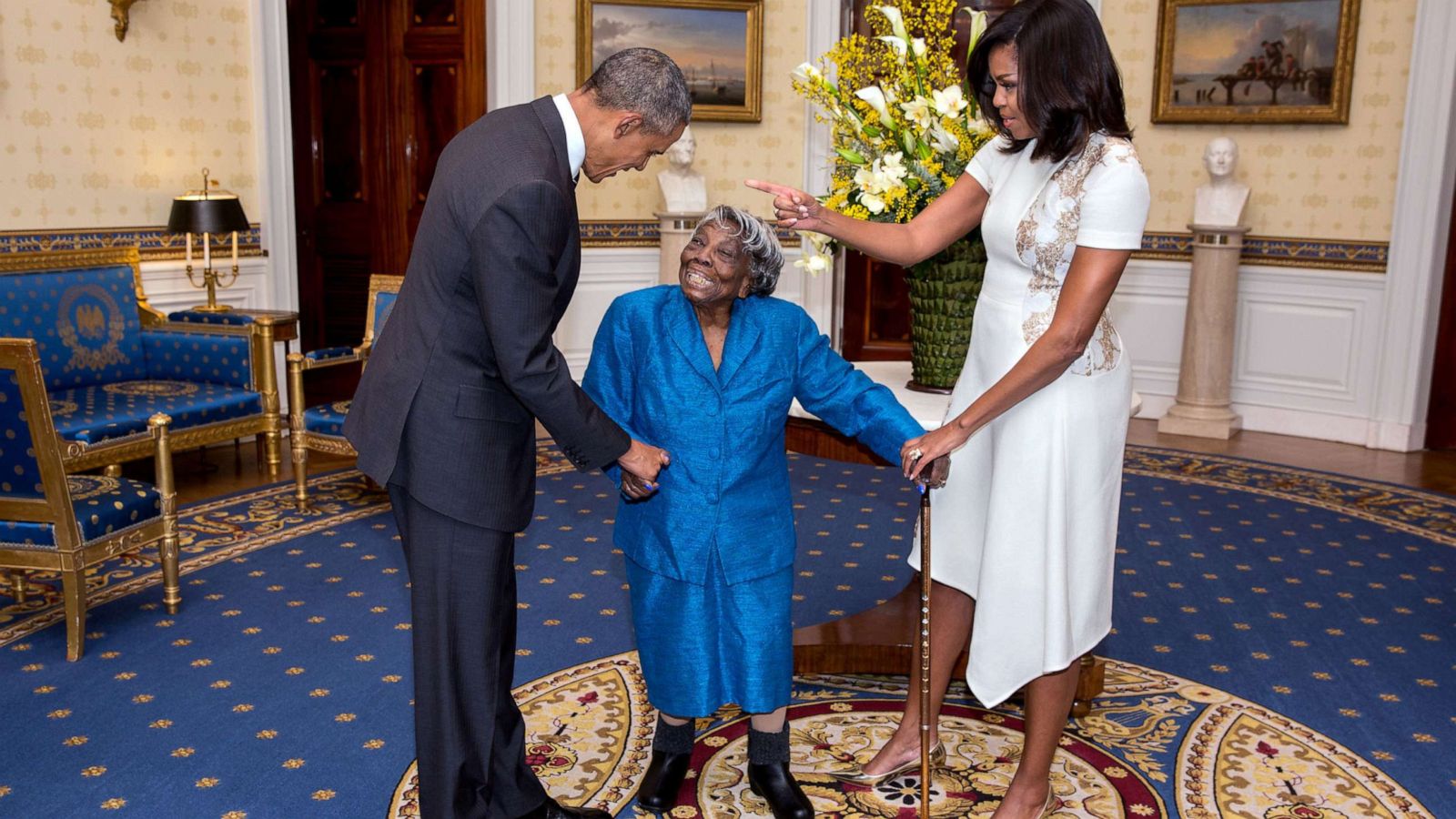 PHOTO: President Barack Obama and First Lady Michelle Obama greet Virginia McLaurin in the Blue Room of the White House prior to a reception celebrating African American History Month, Feb. 18, 2016.