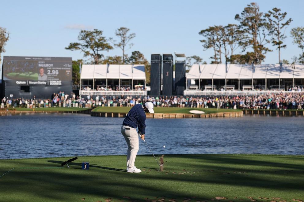 PHOTO: Rory McIlroy of Northern Ireland hits a tee shot on the 17th in a three hole play-off during the final round of THE PLAYERS Championship 2025 at TPC Sawgrass, March 17, 2025, in Ponte Vedra Beach, Fla.