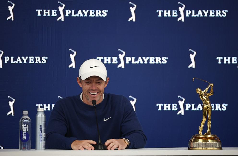 PHOTO: Rory McIlroy of Northern Ireland speaks to the media after winning the playoff in the final round of THE PLAYERS Championship on the Stadium Course at TPC Sawgrass, March 17, 2025, in Ponte Vedra Beach, Fla.