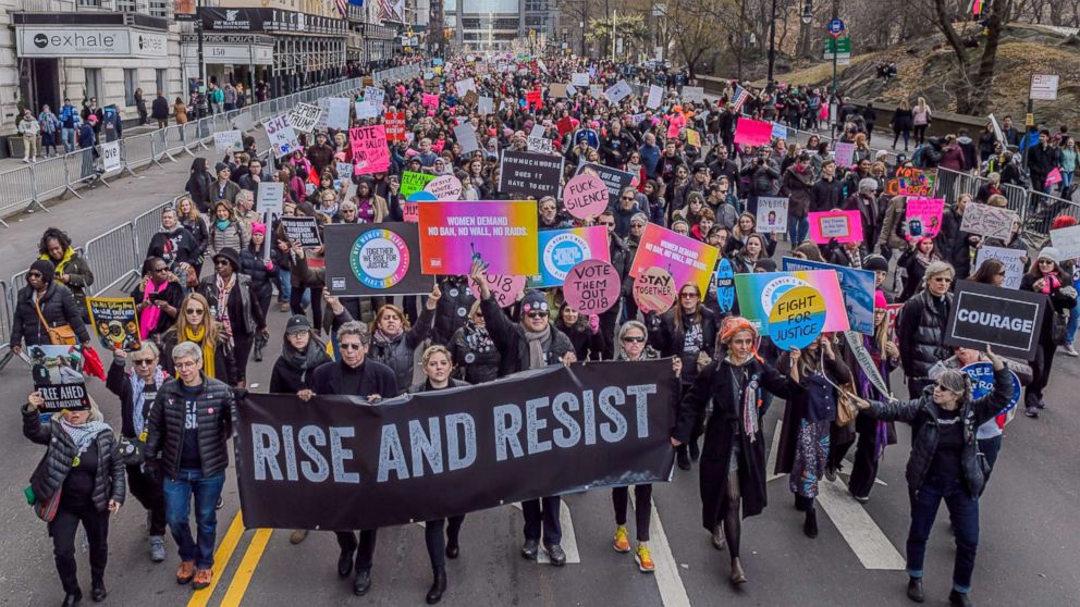 Over a hundred thousand New Yorkers took to the streets on Central Park West from Columbus Circle to 86th Street on Jan. 20, 2018, at the 2018 Womens March in New York.