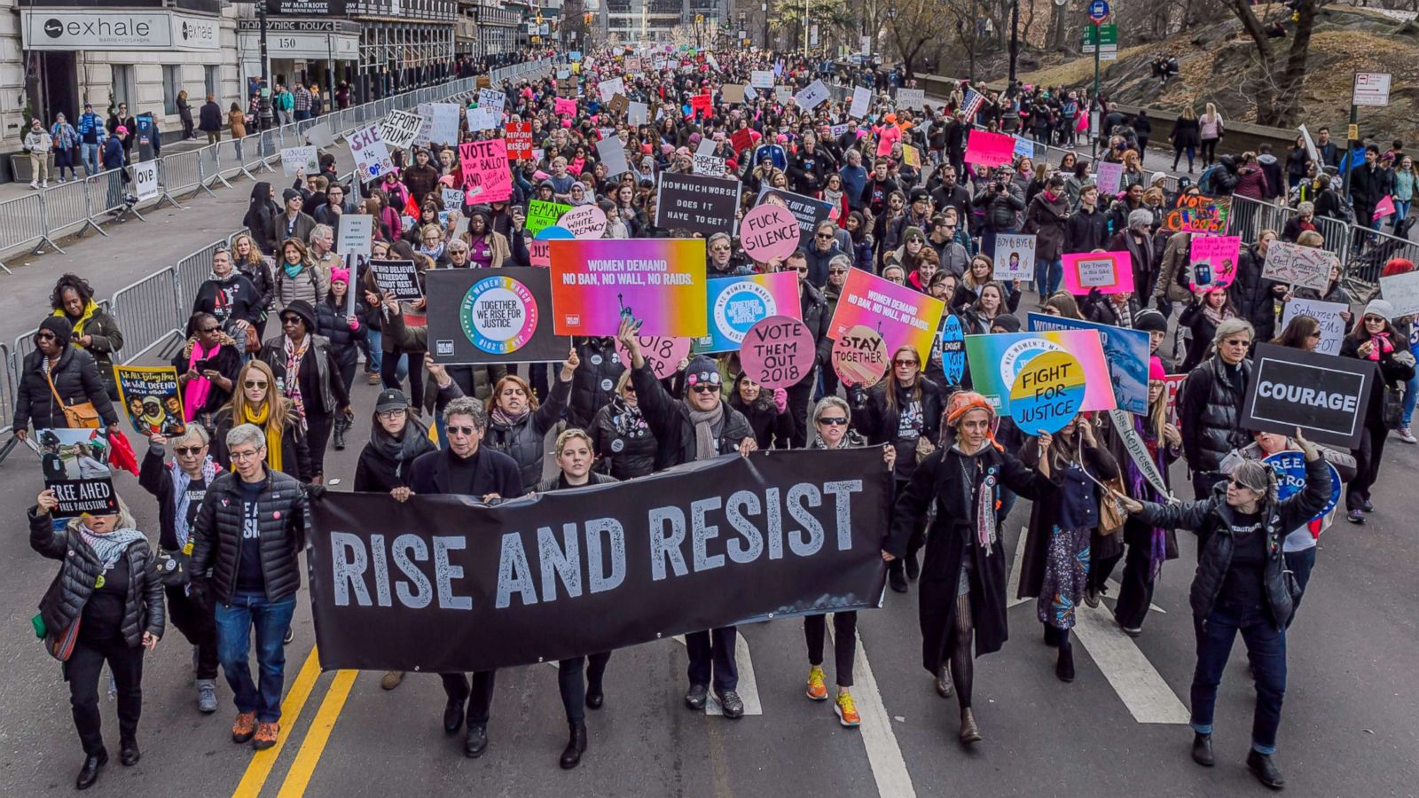 PHOTO: Over a hundred thousand New Yorkers took to the streets on Central Park West from Columbus Circle to 86th Street on Jan. 20, 2018, at the 2018 Womens March in New York.