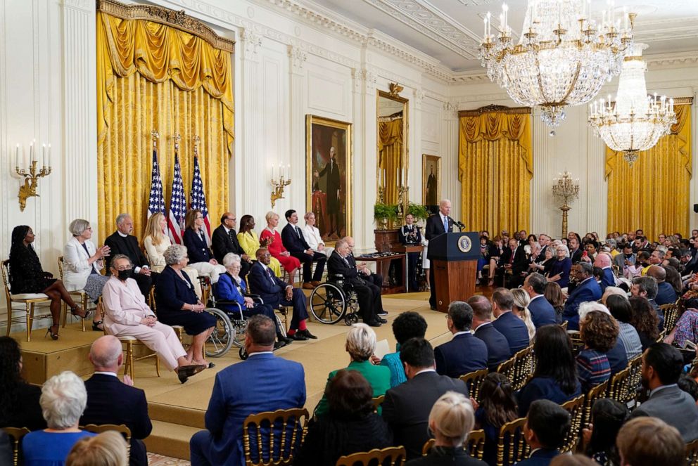 PHOTO: President Joe Biden speaks before he awards the Presidential Medal of Freedom, to 17 people at the White House in Washington, D.C., on July 7, 2022.