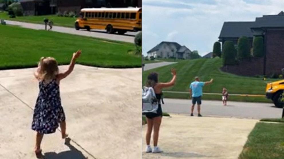 PHOTO: For three years, 5-year-old Loxley would wait for her older sisters Lily and Lilah to return home to their school bus stop. Now, it’s Lily and Lilah’s turn to wait for their younger sister at the bus stop as Loxley begins kindergarten.