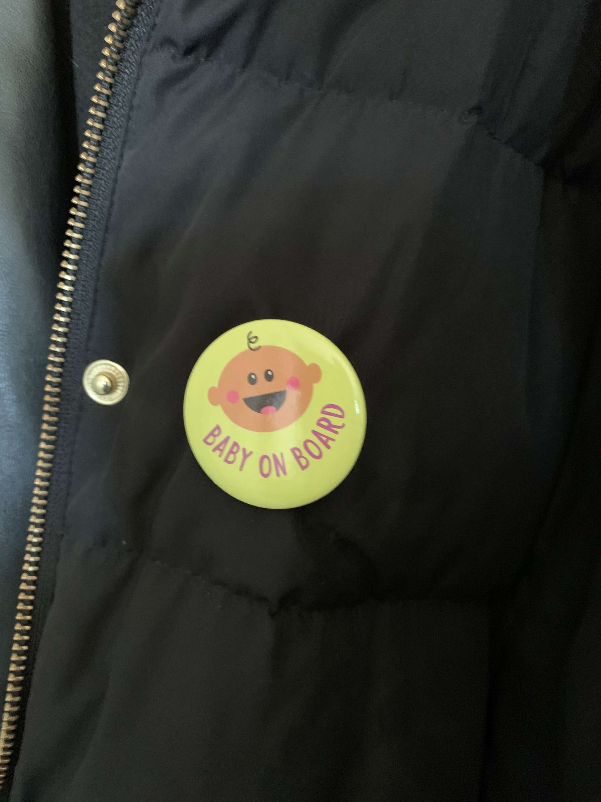 PHOTO: Megan Nufer of Chicago says she received a "Baby on Board" button as a baby shower gift.