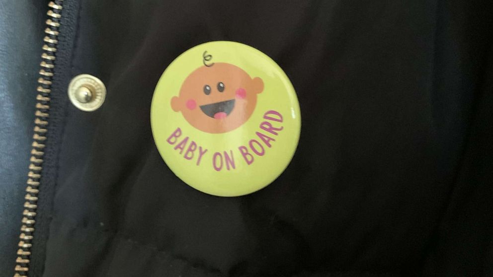 PHOTO: Megan Nufer of Chicago says she received a "Baby on Board" button as a baby shower gift.