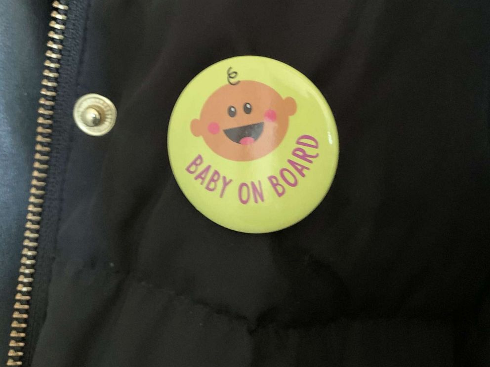PHOTO: Megan Nufer of Chicago says she received a Baby on Board button as a baby shower gift.