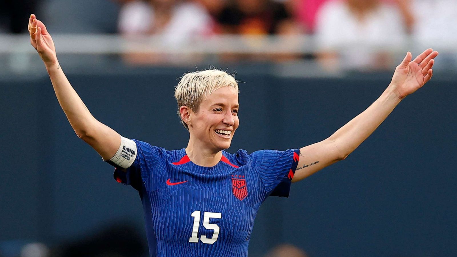 PHOTO: Megan Rapinoe celebrates her team's second goal scored by USA's defender #14 Emily Sonnett (out of frame) during the women's international friendly football match between the USA and South Africa at Soldier Field in Chicago on September 24, 2023.