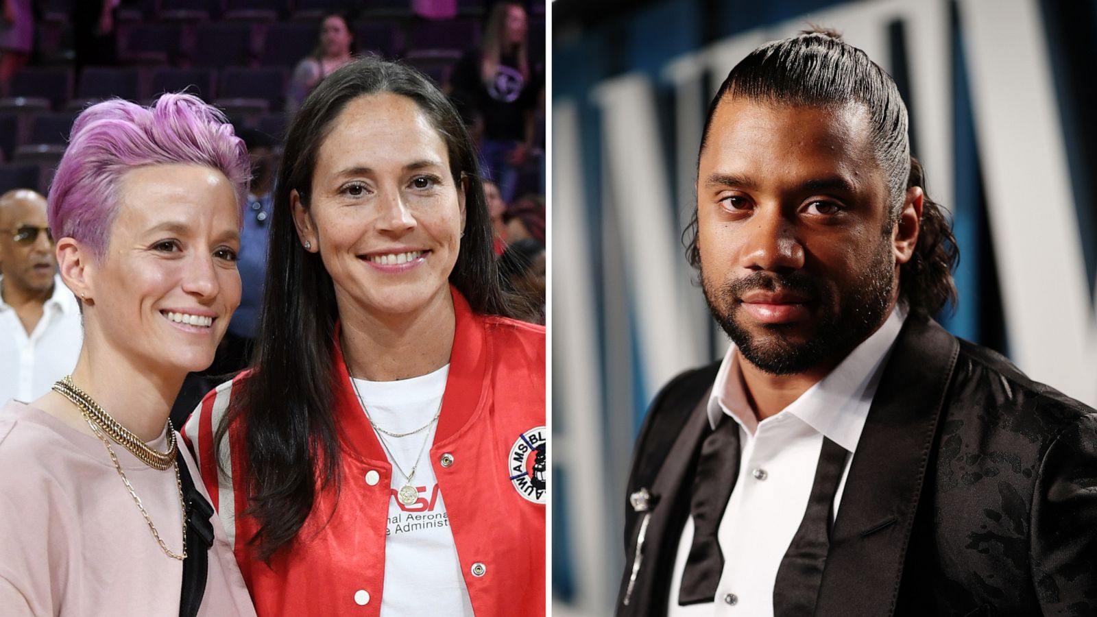 PHOTO: Megan Rapinoe and Sue Bird pose for photos at a WNBA game in Las Vegas in 2019 and Russell Wilson attends the Vanity Fair Oscar Party in California in 2020.