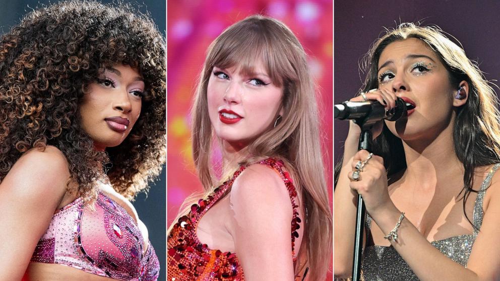 PHOTO: In this split image, Megan Thee Stallion performs at Napa Valley Expo on May 24, 2024 in Napa, Calif.; Taylor Swift performs onstage during "The Eras Tour" on May 09, 2024 in Paris; and Olivia Rodrigo performs on April 30, 2024 in Dublin. 