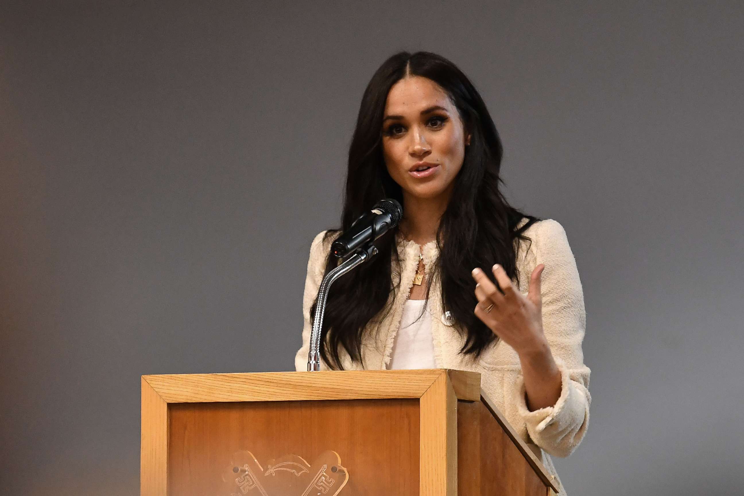 PHOTO: Meghan, Duchess of Sussex speaks during a special school assembly at the Robert Clack Upper School in Dagenham on March 6, 2020 in London, England.