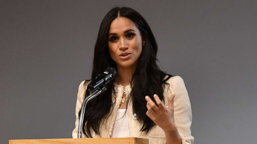 PHOTO: Meghan, Duchess of Sussex speaks during a special school assembly at the Robert Clack Upper School in Dagenham on March 6, 2020 in London, England.