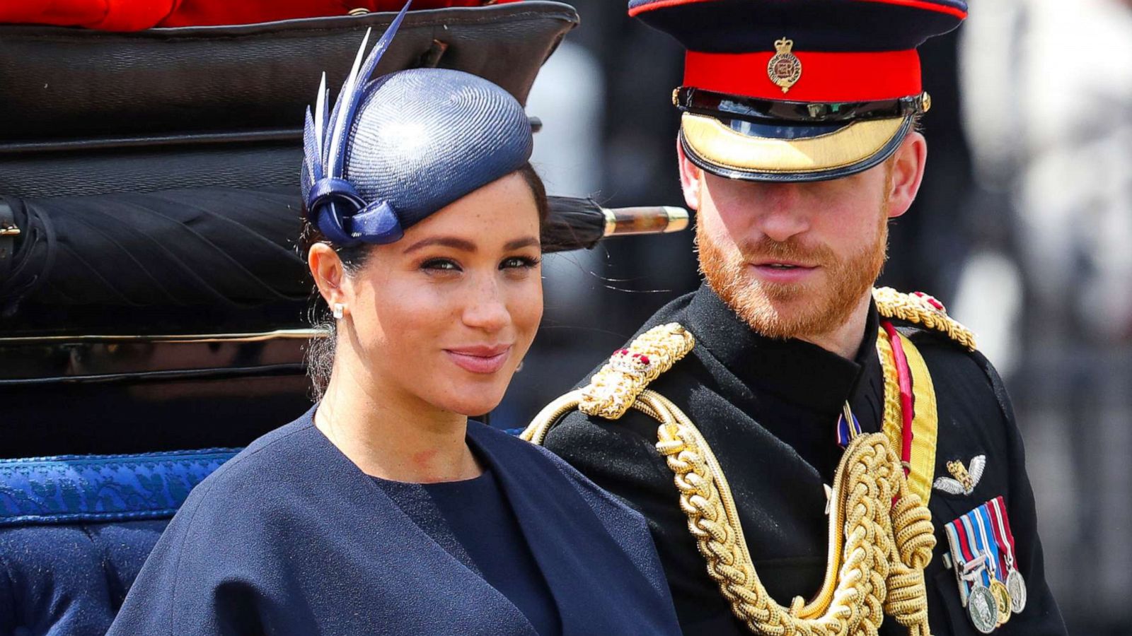 PHOTO: Meghan, Duchess of Sussex and Prince Harry, Duke of Sussex arrive at Trooping The Colour, the Queen's annual birthday parade, on June 08, 2019 in London, England.