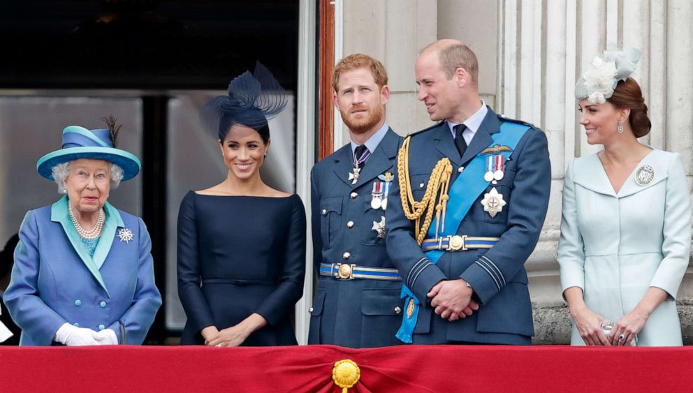 PHOTO: Queen Elizabeth, Meghan, Duchess of Sussex, Prince Harry, Duke of Sussex, Prince William, Duke of Cambridge and Catherine, Duchess of Cambridge watch a flypast from the balcony of Buckingham Palace, July 10, 2018, in London.