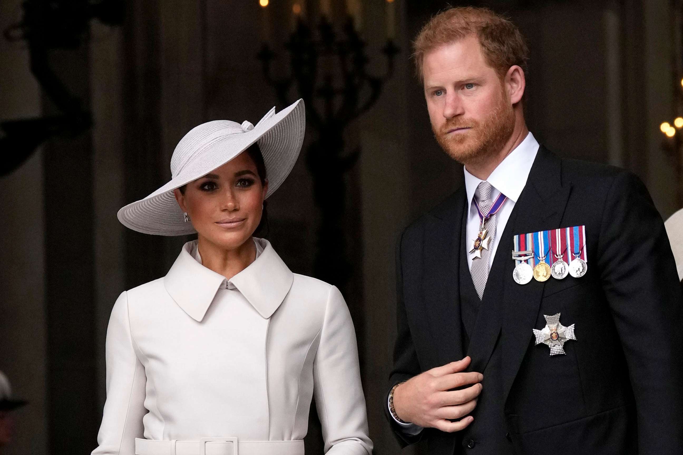 Prince Harry and Meghan Markle, Duke and Duchess of Sussex leave after a service of thanksgiving for the reign of Queen Elizabeth II at St Paul's Cathedral, June 3, 2022, in London.