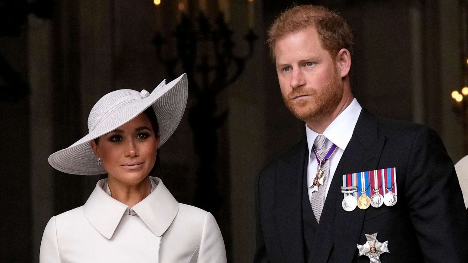 Prince Harry and Meghan Markle, Duke and Duchess of Sussex leave after a service of thanksgiving for the reign of Queen Elizabeth II at St Paul's Cathedral, June 3, 2022, in London.