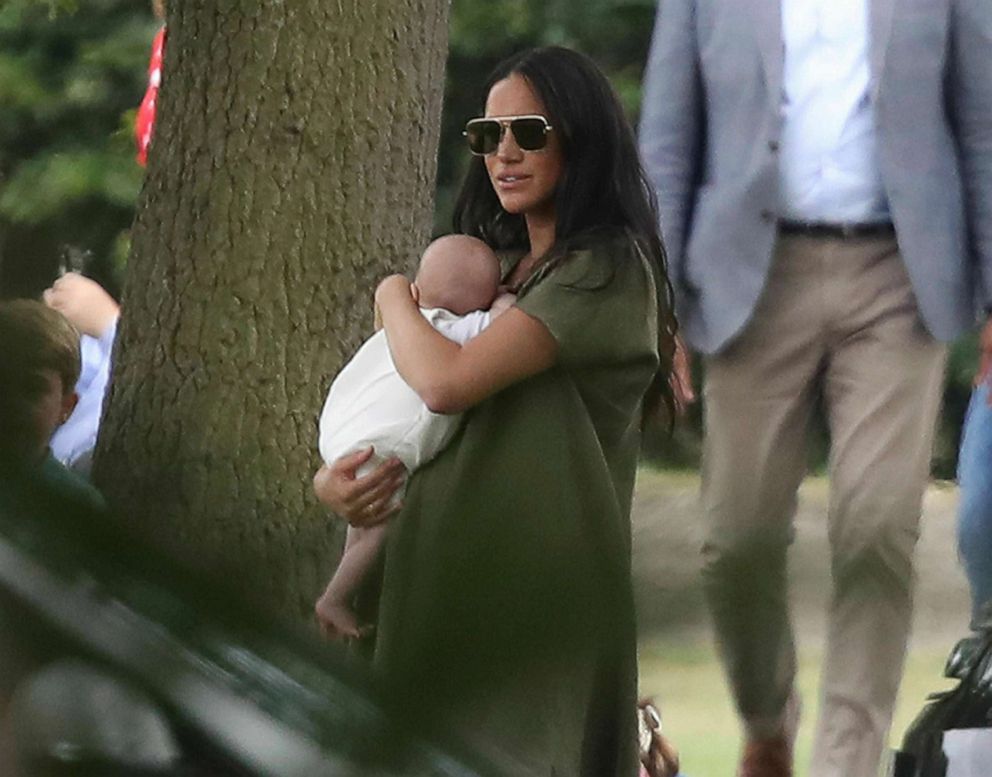 PHOTO: Britain's Meghan, Duchess of Sussex holding her son Archie, at the Royal Charity Polo Day at Billingbear Polo Club, Wokingham, England, on July 10, 2019.