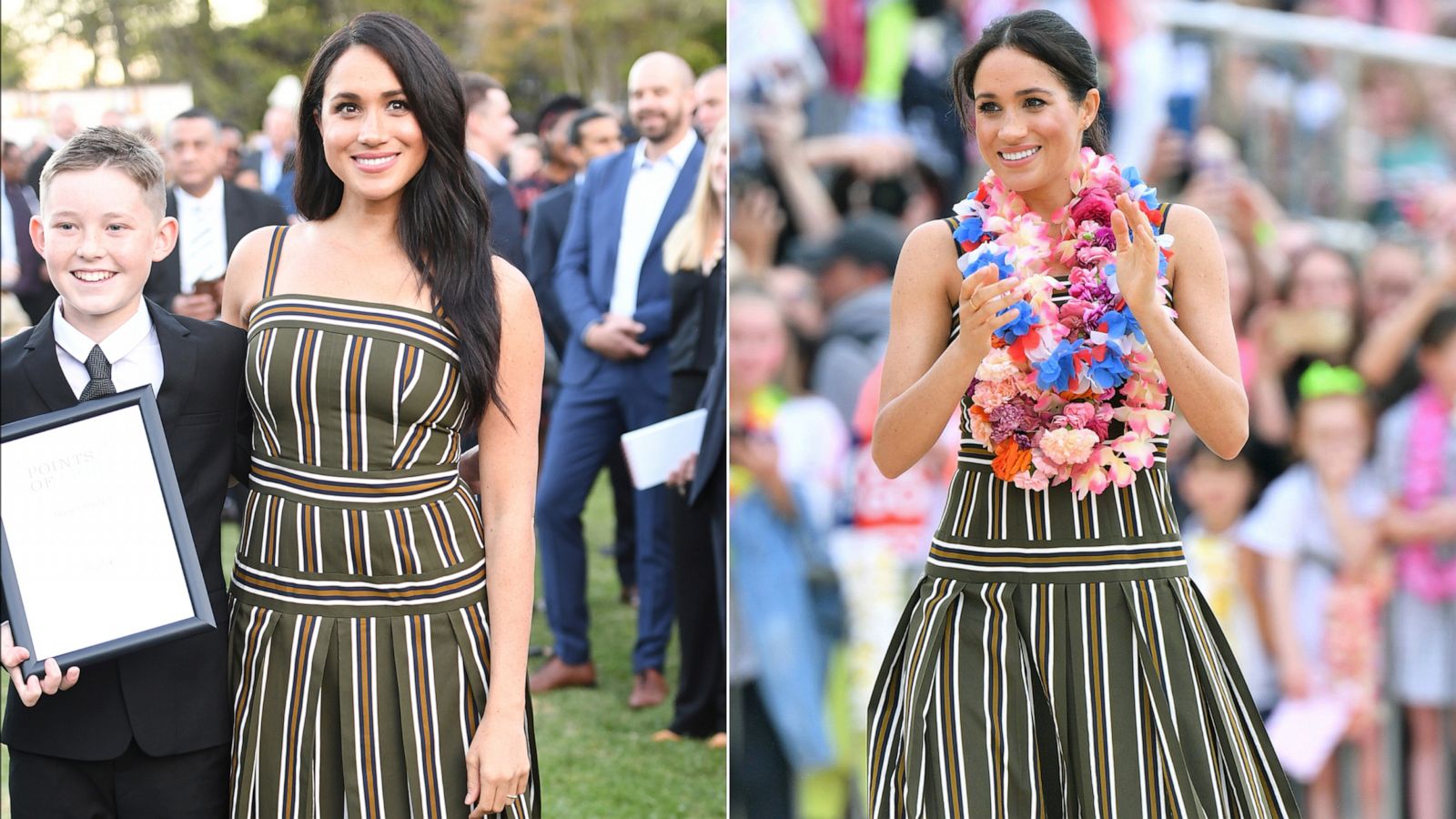 PHOTO: Meghan Markle, Duchess of Sussex, attends a reception in Cape Town, South Africa, September 24, 2019. | The Duke of Sussex accompanied by his wife Meghan, during a visit to Bondi Beach, Oct. 19, 2019.