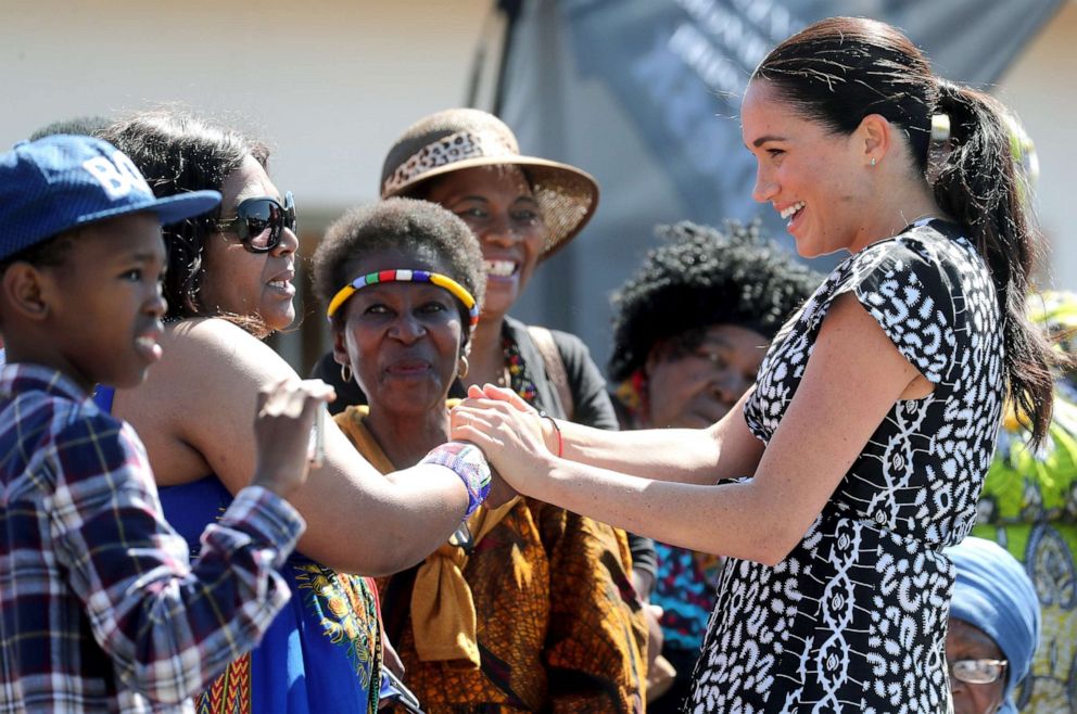 PHOTO: Meghan, Duchess of Sussex meets well-wishers as she visits a Justice Desk initiative in Nyanga township, with Prince Harry, Duke of Sussex, during their royal tour of South Africa, Sept. 23, 2019 in Cape Town, South Africa.